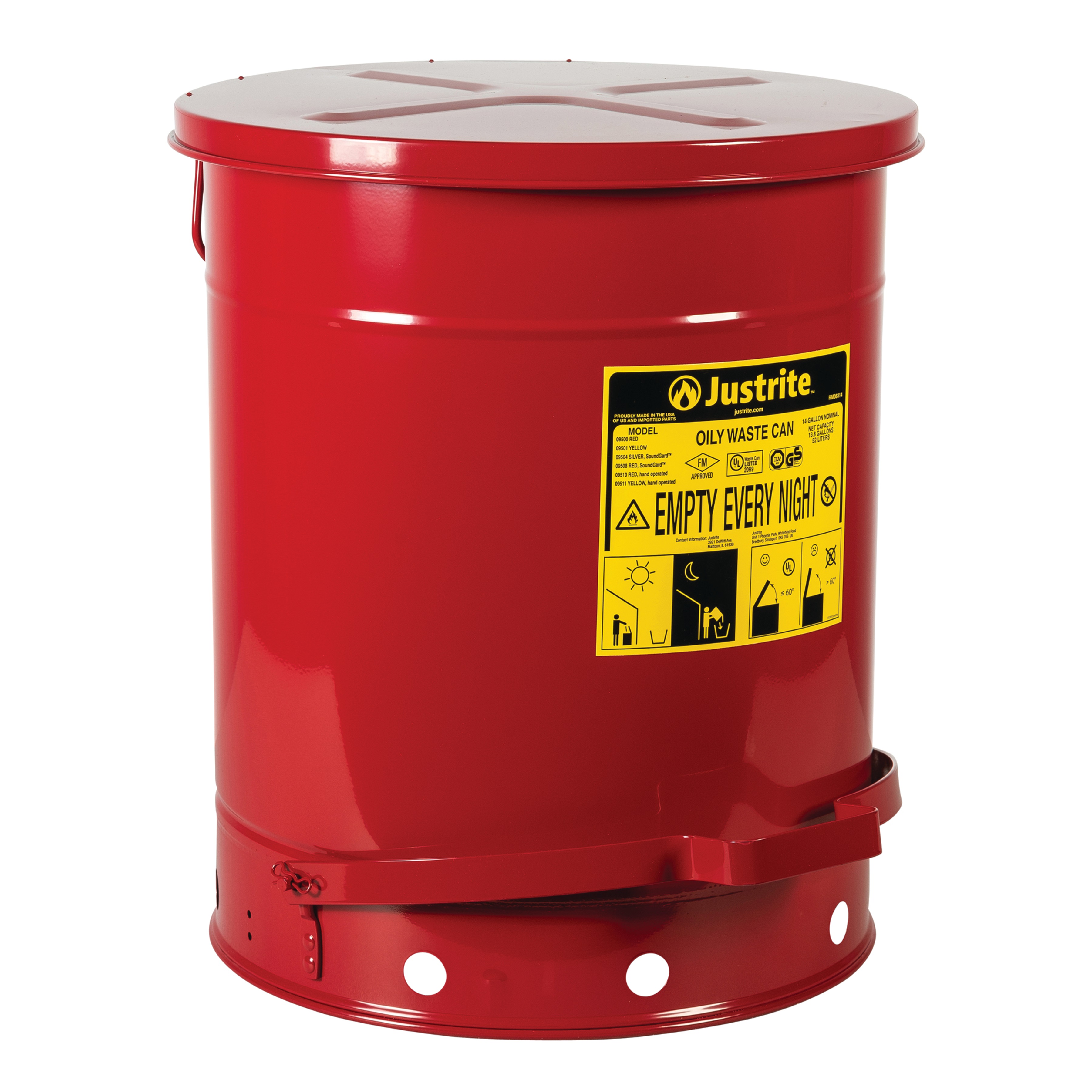Justrite Oily Waste Cans - Red - Foot Operated - Spill Containment